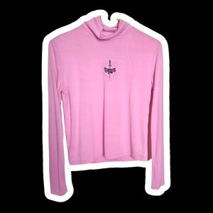 Bright pink longsleeve turtleneck y2k graphic crop top size Med